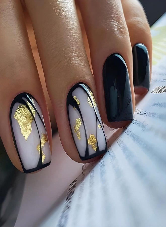 CJDLTS Black Press on Nails Short Square Gold Foil Design Full Cover Artificial Acrylic Coffin Reusable Glue on DIY Stick on for Women 24Pcs - Image 1